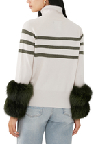Oyster and Army Striped Polo Neck Sweater with Fox Fur Cuffs